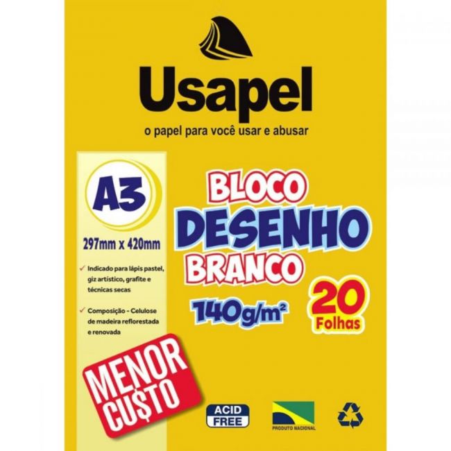 Bloco Desenho Branco A4 140g/m² 20 Folhas Usapel UP25059