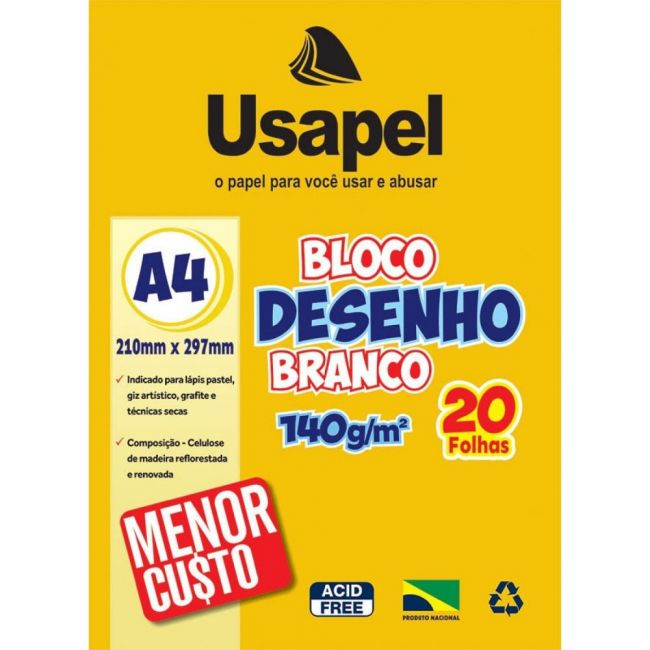 Bloco Desenho Branco A4 140g/m² 20 Folhas Usapel UP25058