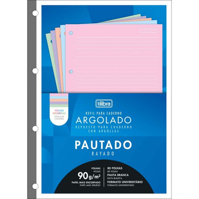 Refil Tiliflex Para Caderno Argolado Universitário 80 Folhas Coloridas C/ Pautas Brancas 90g Tilibra