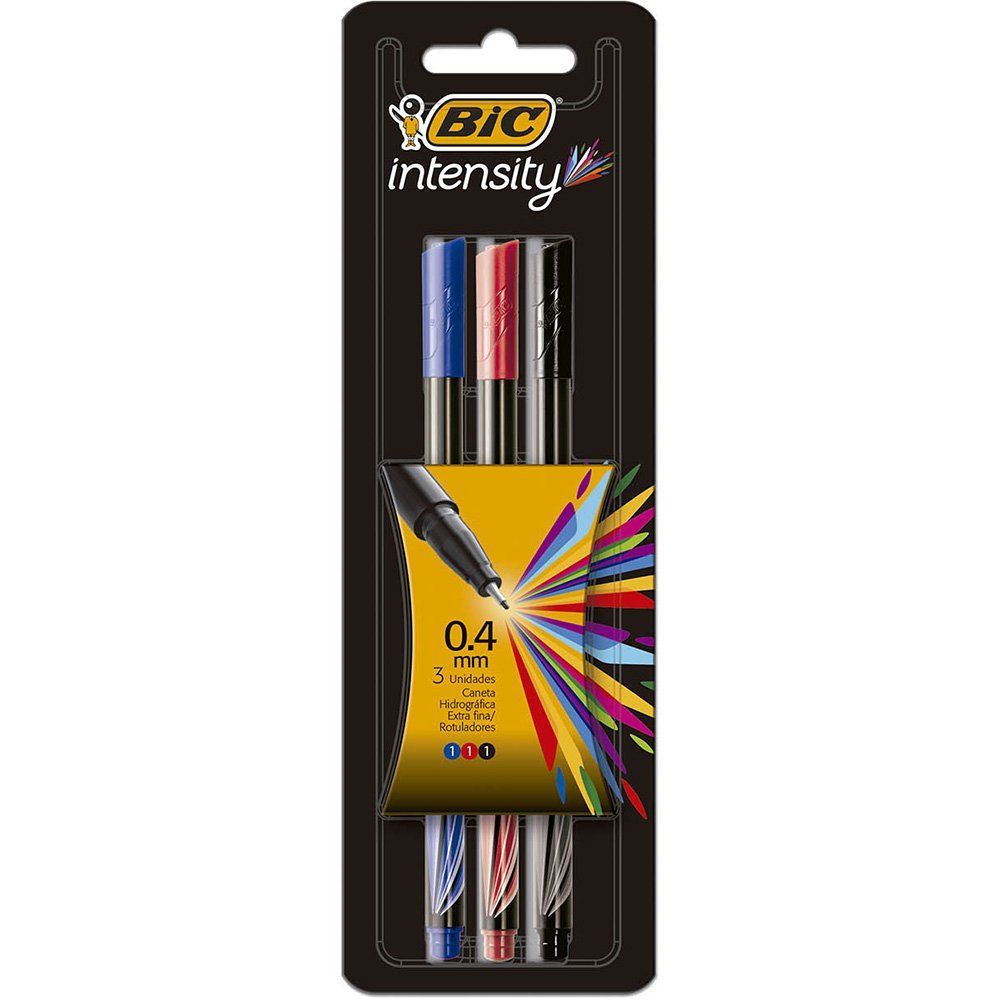 Caneta Hidrográfica BIC Intensity, 3 Cores Clássicas, Ponta Ultra Fina de 0.4mm, Precisão no Traço