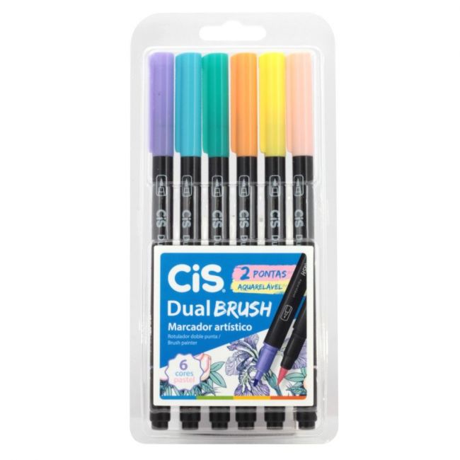 Caneta Pincel Marcador Artístico CiS Dual Brush Duas Pontas Aquarelável 6 Cores Pastel