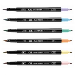 Caneta Pincel Marcador Artístico CiS Dual Brush Duas Pontas Aquarelável 6 Cores Pastel