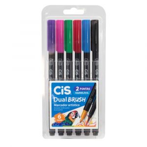 Caneta Pincel Marcador Artístico CiS Dual Brush Duas Pontas Aquarelável 6 Cores