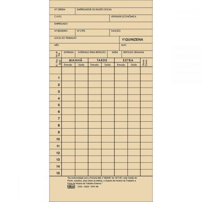 CARTAO DE PONTO MENSAL TA - 100 FOLHAS