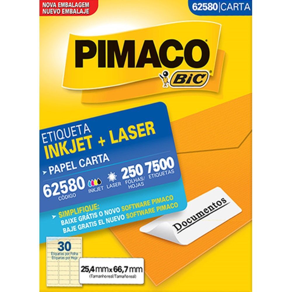 Etiqueta Inkjet e Laser - Papel Carta - 25,4mm x 66,7mm - 250 Folhas - 7500 Etiquetas - Pimaco Bic