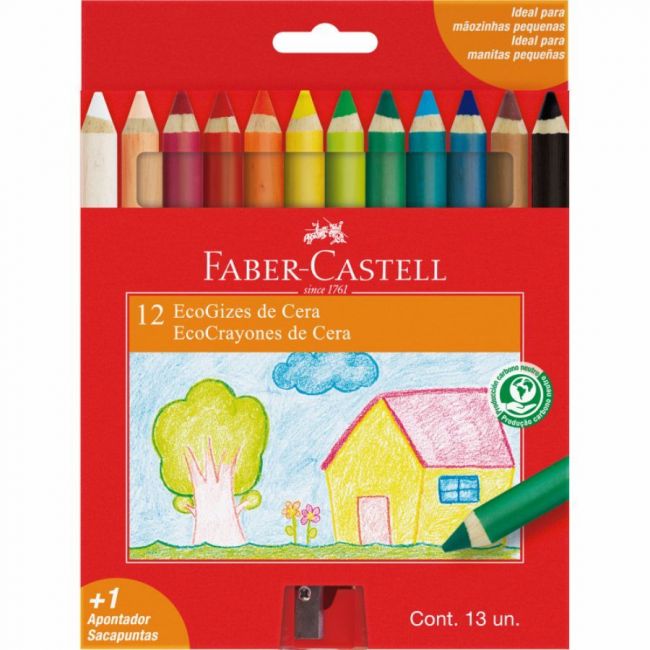 Giz de Cera Big 12 cores Corpo Madeira + Apontador Faber Castell