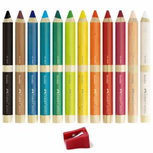 Giz de Cera Big 12 cores Corpo Madeira + Apontador Faber Castell