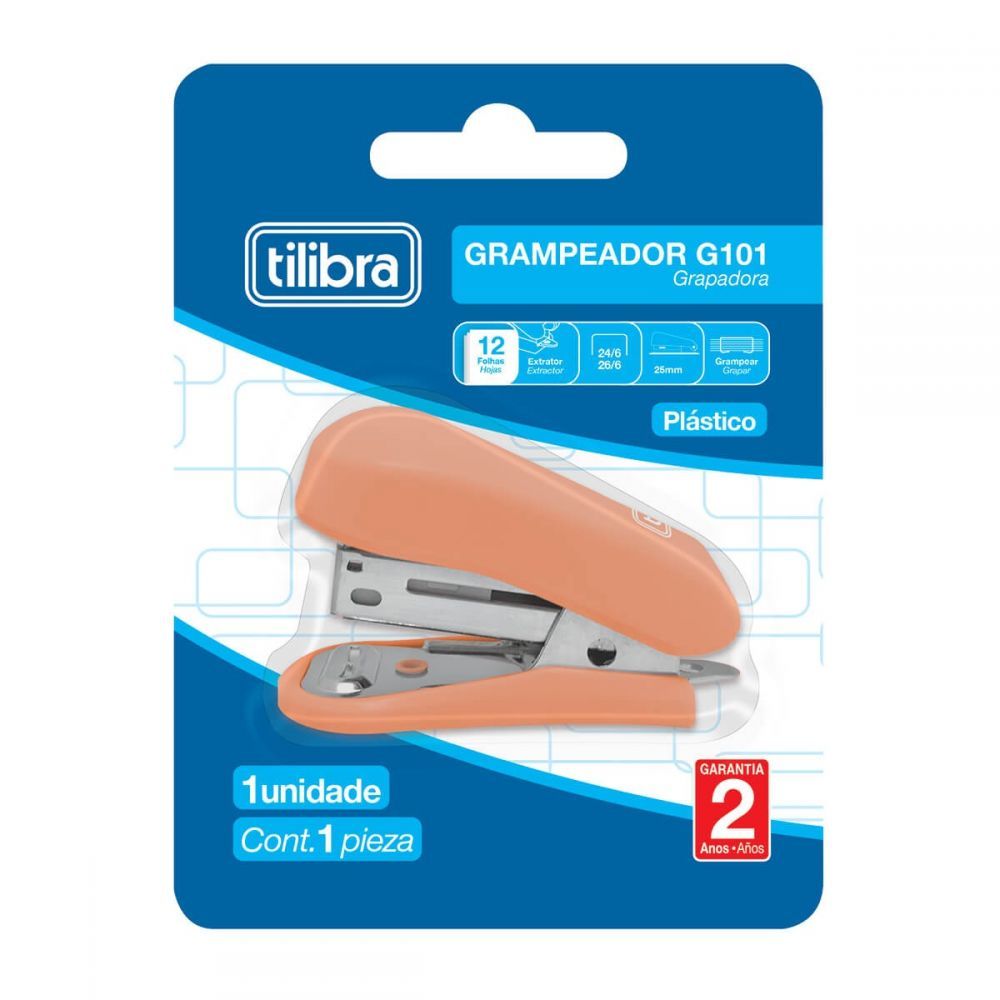 Grampeador 12 Folhas Mini com Extrator G101 Salmão