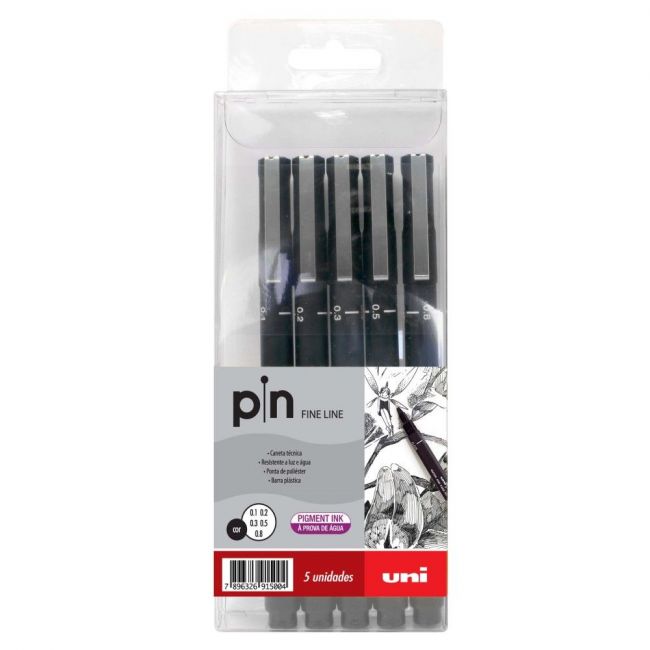 Kit Canetas Técnicas/Nanquim Uni-ball Pin Fine Line 5 Unidades - Preto