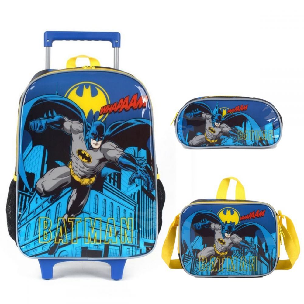 Kit Escolar - Mochila com Rodinhas, Lancheira Térmica e Estojo - Batman - Azul