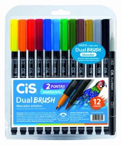 Kit Marcador Artístico CiS Dual Brush 12 Cores 2 Pontas Aquarelável