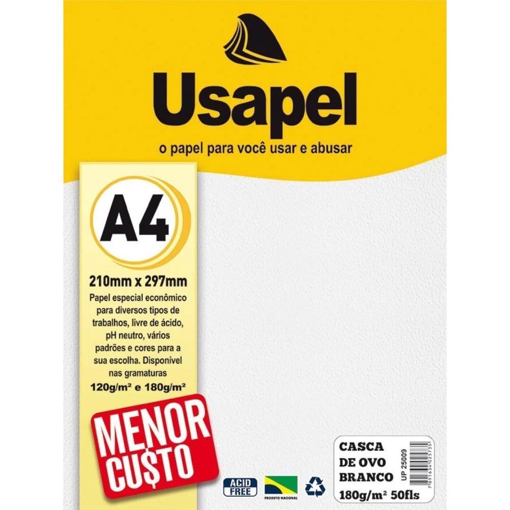 Papel Casca de Ovo Branco A4 180g/m² 50 Folhas Usapel UP25009