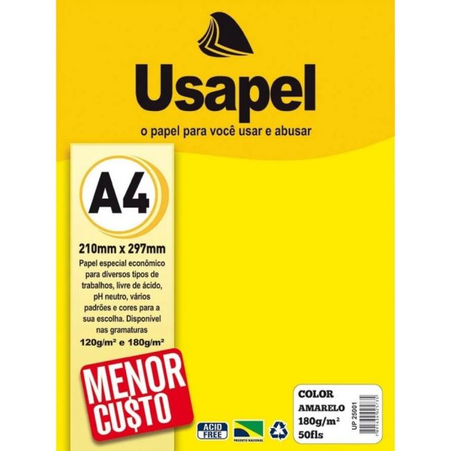 Papel Color Amarelo A4 180g/m² 50 Folhas Usapel UP25001