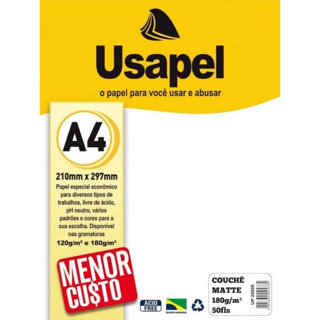 Papel Couchê Branco A4 180g/m² 50 Folhas Usapel UP25000