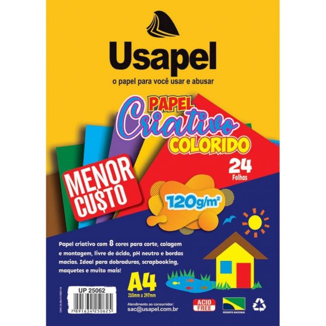 Papel Criativo Colorido 8 Cores 24 Folhas A4 120g/m² Usapel UP25077