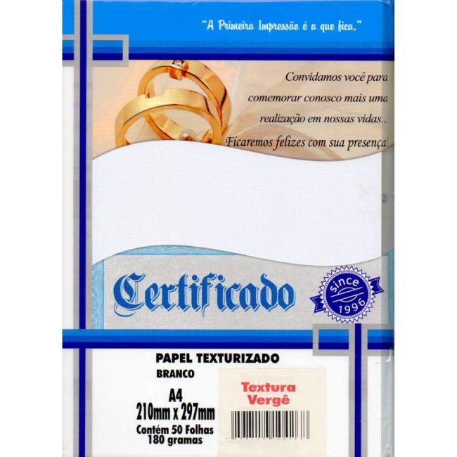 Papel Especial Premium Texturizado Vergê Branco - A4 180g/m² - 50 Folhas