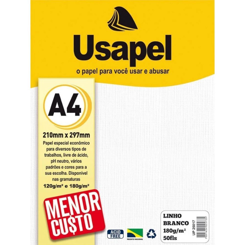 Papel Linho Branco A4 180g/m² 50 Folhas Usapel UP25017