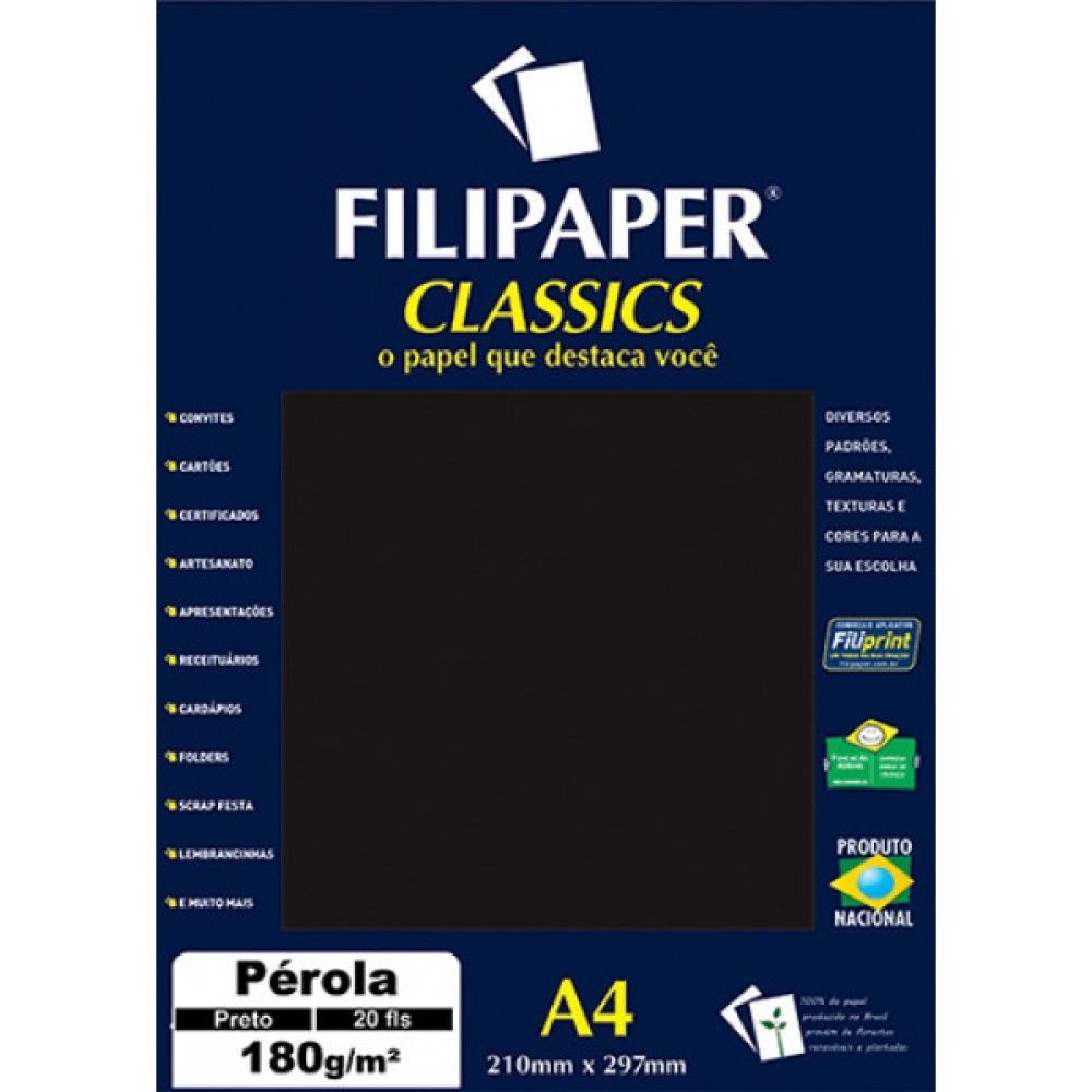 Papel Pérola A4 180g/m² 20 Folhas - Filipaper Classics - Preto