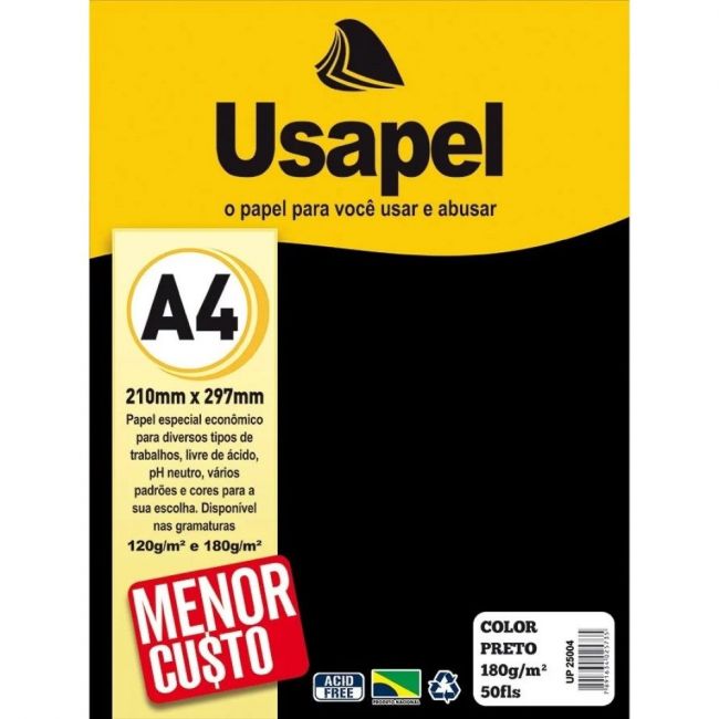 Papel Usapel Color A4 180g/m² 50fls Preto