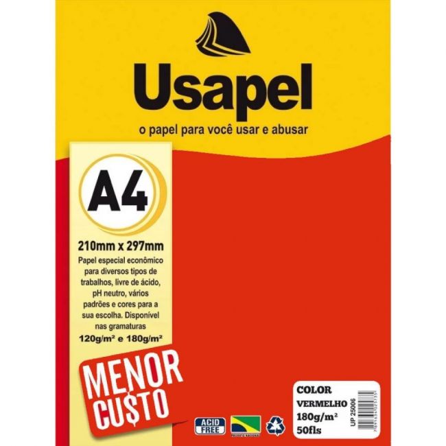 Papel Color Vermelho A4 180g/m² 50 Folhas Usapel UP25006