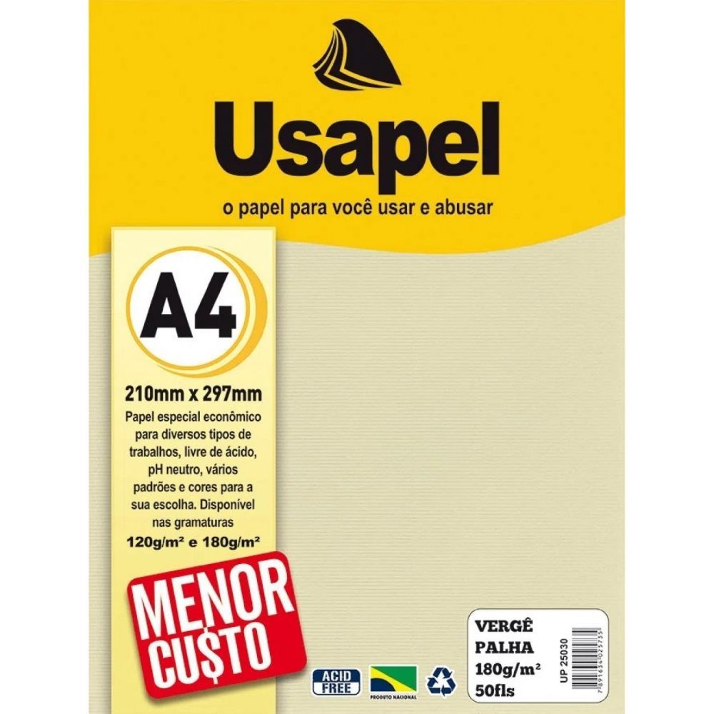 Papel Vergê Palha A4 180g/m² 50 Folhas Usapel UP25030