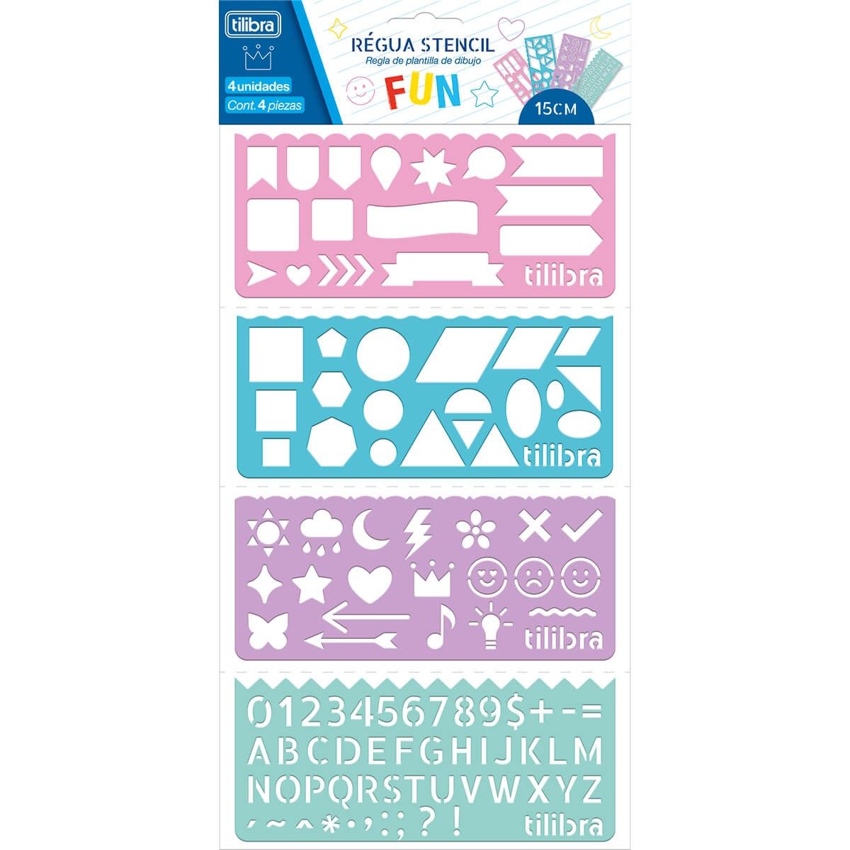 Régua Stencil Fun 15cm - Blister Com 4 Unidades