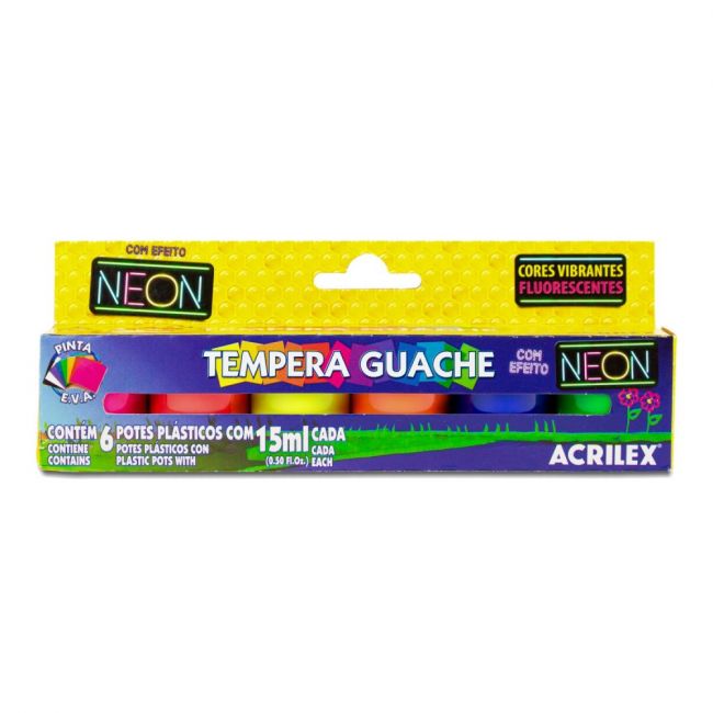 Tempera Guache Acrilex com Efeito Neon - 6 Cores - Potes c/ 15ml Cada